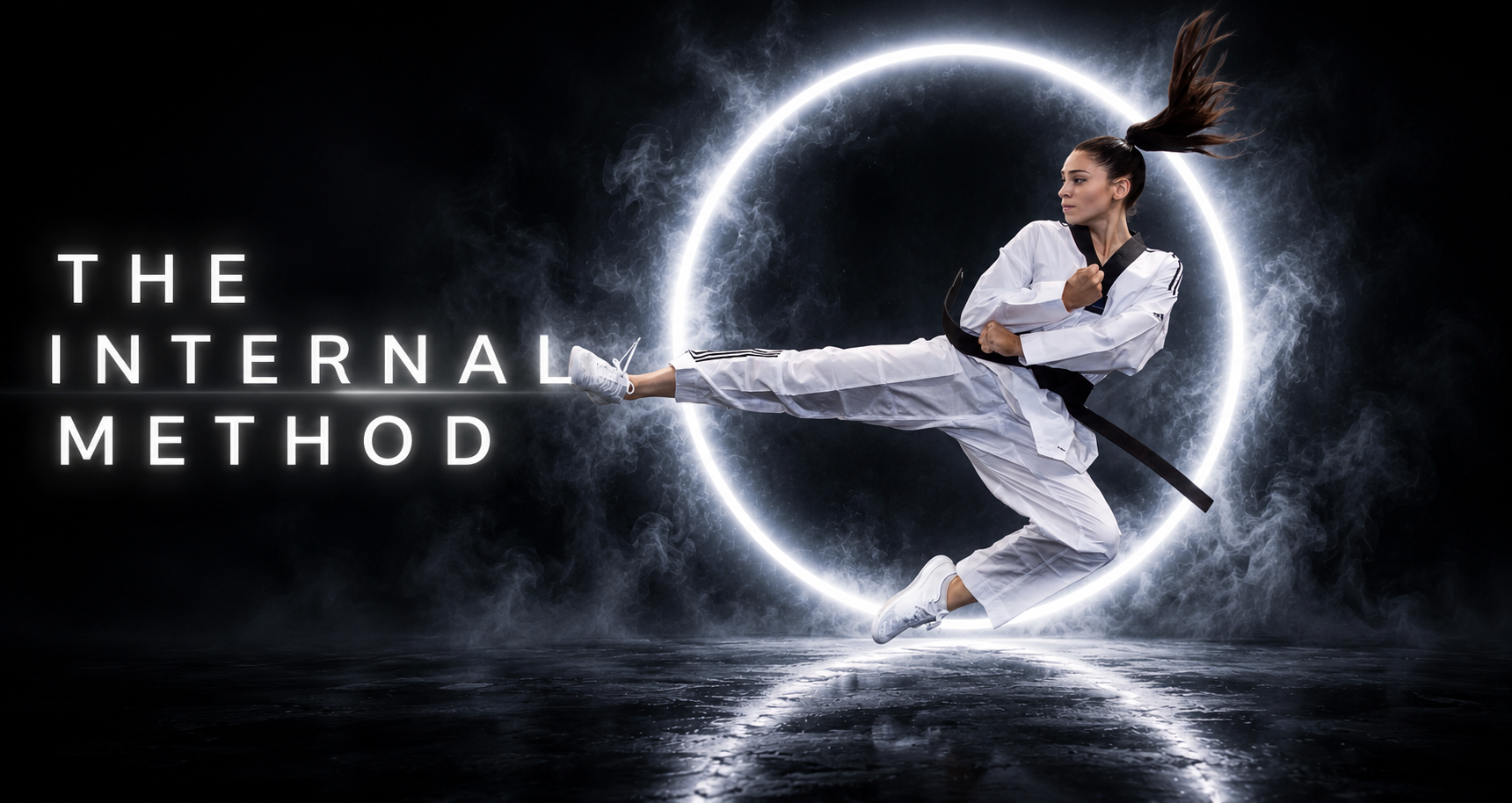 The Internal Method, taekwondo athlete mid air side kick inside a glowing ring